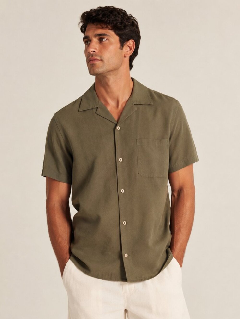 COOFANDY Mens Large Linen Rayon Blend Camp Collar Shirt Olive Green NWT